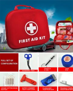 Various disposable medical supplies in first aid kit