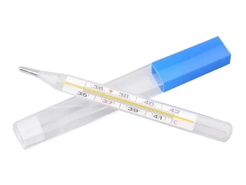 Mercury-free glass thermometer and its case