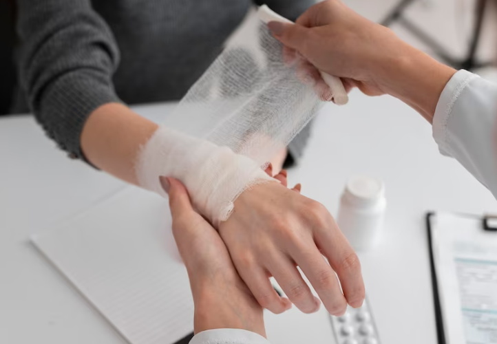 Doctor bandaging patient with gauze