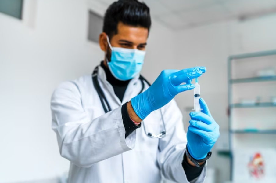 The doctor is holding the syringe and popping the foam inside