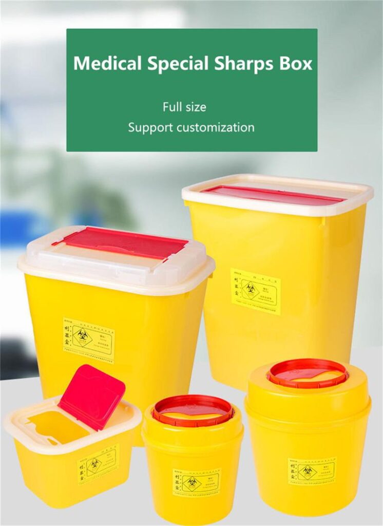 several yellow round and square sharps boxes placed together