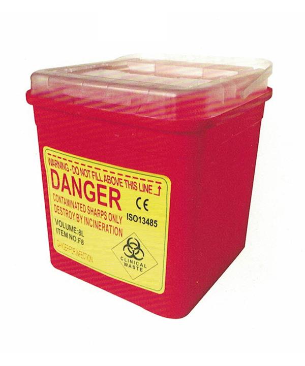 A red square sharps container